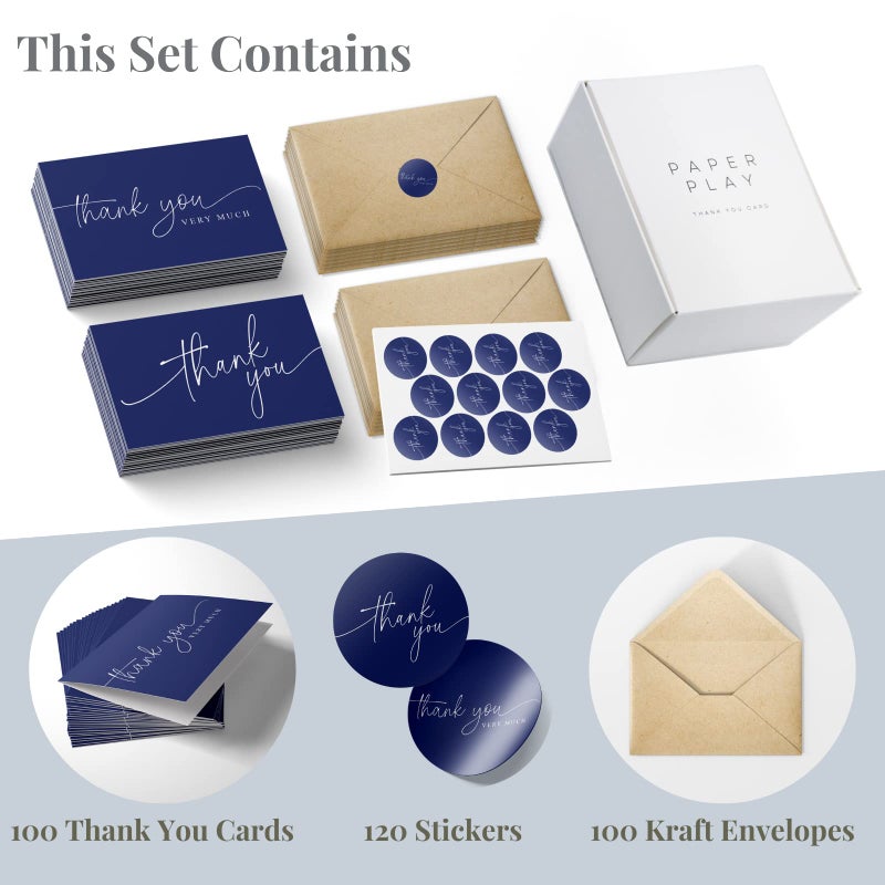 Paper Play Thank You Cards | Bulk Greeting Cards | 100 Pack (Navy Blue) - Image 2